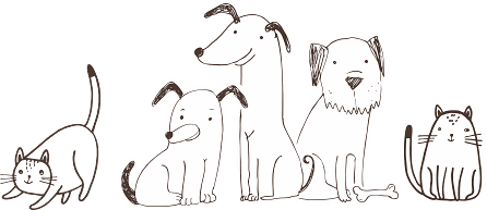 group of illustrated cats and dogs
